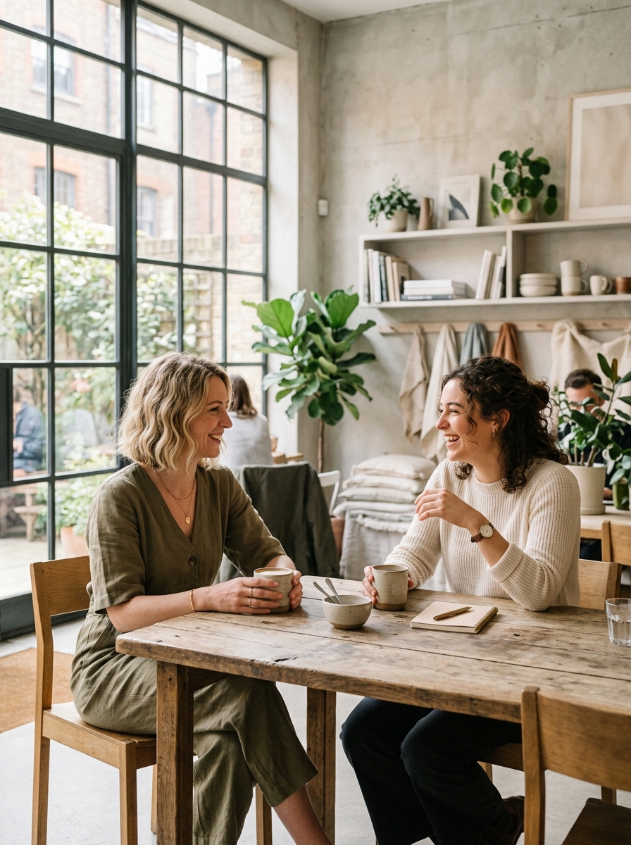Two creative colleagues conversing warmly over coffee in a sunlit studio